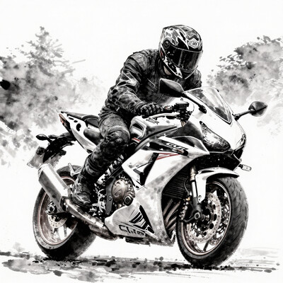 Scene Description: Motorcyclist in Ink Wash Style Setting: Background: The backdrop is a black ethereal ink wash, featuring soft gradients of grayscale that evoke a sense of grandeur and focus. The background is minimalistic, allowing the character and text to take center stage. Main Character: Motorcyclist: depicted in a powerful action shot riding the CBR 1000. The perspective angle enhances his stature, making him appear larger-than-life, radiating strength and confidence. Details: character features are rendered with intricate brush strokes, capturing the essence of his ability. His helmet visor captures slight reflections, while subtle details like the texture of his clothing and the contours of his motorbike are highlighted through the ink wash technique.
