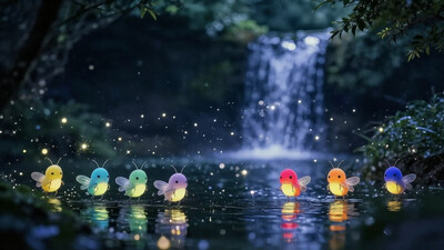 (masterpiece), A cute group of multicoloured fireflies creatures, glowing, flying over a lake, in a middle of a mystical forest. With a litlle waterfall going on the background into tha lake. krtngoCE