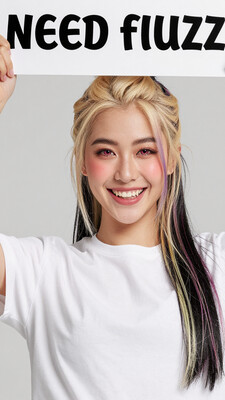 masterpiece, best quality, amazing quality, 1girl, multicolored hair, hair tendrils, slicked back hair, blonde hair, two-tone hair, smile, medium breasts, looking at viewer, mole over lips, black hair, pink eyes, fangs, simple background, white shirt, streaked hair, hair between eyes, upper body, blush, long hair, teeth, long sleeves, skindentation, grin, need_buzz, holding sign up
