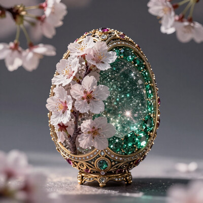 reij-ccntdlty, still life setting of dual nature, an FabergÃ©-Egg, 2 parts of duality, (egg frame decorated with gemstones and display of art nouveau opulence), (left half of the FabergÃ©-Egg is made of cherry blossoms) and (the right half of the FabergÃ©-Egg is made of emerald). A dynamic macro photograph of a dual-themed FabergÃ© Egg, emphasizing its spectacular contrast between nature and opulence. The left half is a delicate cascade of cherry blossoms, their soft petals meticulously detailed to capture their natural texture and subtle veins. The right half radiates with vibrant emeralds and a soft dusting of glittering stardust, shimmering like a galaxy encapsulated in fine jewelry. The eggâs Art Nouveau frame, adorned with intricate golden vines and gemstones, adds an air of timeless sophistication. Captured with dramatic lighting, the warm glow on the cherry blossoms transitions seamlessly to a cool, radiant light over the emeralds, creating a striking juxtaposition. Shadows dance across the background, further enhancing the eggâs magnificence and elevating its dual-nature theme., reij-ccnt, accent details