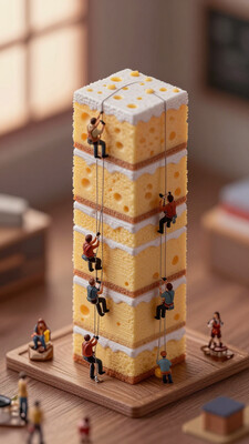 (indoors, indoor, isometric view, side view, tilt-shift lens:2), (fna_style, miniature, miniature, diorama, miniature, diorama, PVC, plastic:2), sunset, winter giant (randomly multi stack up, multi layer of cheese cake cubic vertical:2.5) is located center, people are climbing with ropes, (in wooden square plate:3) (on table at study:3)