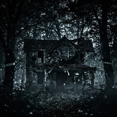 masterpiece, best quality, absurdres, perfect lighting, 8k, sinister ambience, forest at night, fog on the ground, broken house, blair witch movie tape like exchostroke