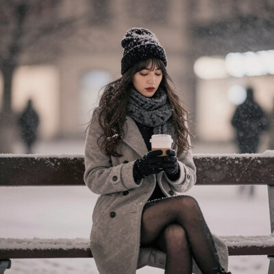 lazypos, 1girl, long hair, swept bangs, winter clothes, duffel coat, scarf, beanie, gloves, pantyhose, sitting on bench, outdoors, city, european architecture, holding cup, coffee cup, night, snowing
