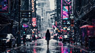 city, street, beautiful misterious futuristic sci-fi cyberpunk landscape, rainy day, woman, very intricate, very detailed, sharp, colorful, A digital artwork in the style of cknc