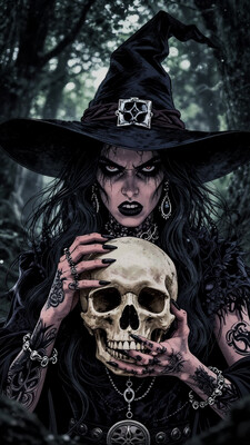 A graphic illustration that is a portrait of an angry witch in the forest. She has a witch hat, long hair, jewelry, and tattoos on her arms and hands. She is holding a skull, her dainty fingers grasp the skull carefully, showing her black nails. w1tchc0re