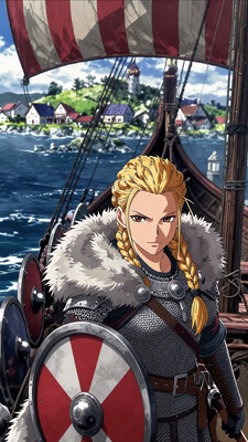 Close up shot. Image is a high resolution anime style artwork featuring a beautiful viking female character on a longship in the middle of the sea. Off in the distance is a beautiful and serene island with a rural village. At the front of the viking longship is the female viking clad in simple chainmail armor with a red and white striped talbard over it and a fur cloak. She has an exotic braided blond hairstyle with brown eyes. Her expression is a sinister one of a yandere. The longship has different colorful round shields along the side of it with a striped red and white sail. In the background is fog, a small village, open ocean, grassy island, small monestary