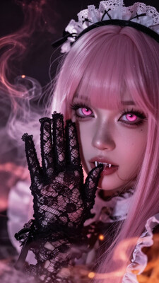 masterpiece, best quality, good quality, very aesthetic, absurdres, newest, 8K, depth of field, mori calliope, pink hair, long hair, sidelocks, blunt bangs, pink eyes, close-up, maid whispering in ear, glowing eyes, sharp fangs, lace gloves, dark aura of smoke and embers, femme fatale vibe, , D4rkL1nes, , epicaction