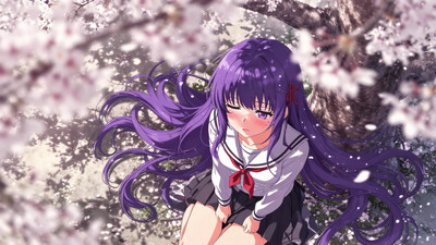 masterpiece, newest, absurdres, best quality, amazing quality, very aesthetic, ultra-detailed, highly detailed, newest, scenery, very awa, anime, dutch angle, from above, overhead view, wide shot, 1girl, beautiful face, perfect eyes, detailed eyes, mature female, matou sakura, purple hair, straight hair, blunt bang, red ribbon, looking at viewer, closed eyes, parted lips, blush, hair spread out, large breasts, collarbone, school uniform, homurabara academy school uniform, black short skirt, on side, knees up, (under big tree), sakura petals, volumetric lighting, drop shadow, vignetting, (dappled sunlight:1.4), overexposure, overlighting, blurry background, blurry foreground