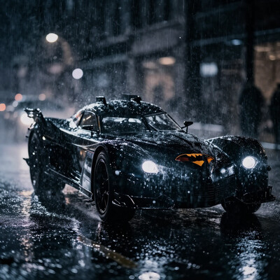 a batmobile in a street at night, it's raining d4rkc0mic