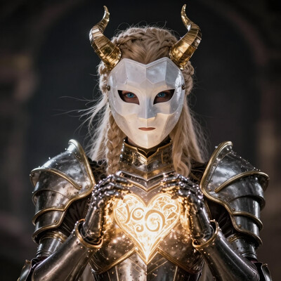 masterpiece, best quality, amazing quality, (realistic:1.3), 1girl, blonde hair, crown braid, (horns:1.4), armor, pauldrons, (gauntlets:1.1), gold trim, glowing heart, faceless mask, white mask, (looking at viewer:1.2), blue eyes, expressionless, WCG-Illu, dark background, sidelighting, atmospheric perspective, dim lighting, underlighting