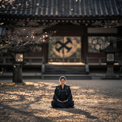 . A wide-angle shot of a female Samurai meditating in a temple garden in an open field at dawn with traditional clan symbols and dramatic shadows from a sunset.