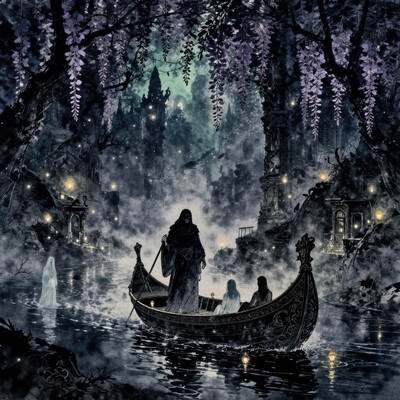 famous artwork, a masterful watercolor and ink painting on traditional washi paper, rule of thirds composition, ancient greek mythology and architecture, a hauntingly beautiful scene unfolds as the dark robed charon, the solemn, towering ferryman of the underworld, guides his ancient black boat across the spectral, mist-laden waters of the river styx in the underworld of greek mythology, the vast, otherworldly river stretches into the distance, its surface reflecting the eerie glow of small, ghostly lanterns that line the boatâs edges, soft ripples distort the reflection of their flickering light on the water's surface, charon stands at the helm of his ferry, his skeletal hand gripping a long oar, guiding his vessel through the mystical gloom. the boat itself is decorated with masterfully crafted, intricate carvings, charon's face is obscured by shadows of his hood, his presence exudes an ancient, quiet authority. the river is ink-black. ethereal will-o-wisps flicker in the mist, their golden glow illuminating the rock formations that rise from the riverbanks like the remnants of forgotten tombs. some shadowy translucent souls in the boat sit in quiet contemplation, others gaze toward the distant shore, where the underworldâs dark spires loom, jagged rock formations pierce through the fog, their twisted, unnatural shapes softened by the luminous glow of will-o-wisps that hover along the shore of the river. above, a hauntingly beautiful twilight sky shifts between deep indigo and an ethereal teal, scattered with translucent spirits. wisteria vines hang like cascading curtains from ancient, black trees, their luminescent violet blossoms adding a touch of delicate sorrow to the scene, the entire composition is drenched in a melancholic, atmospheric beauty, a balance between sorrow and wonder, emphasizing the interplay of glowing light and deep shadow, the ethereal mist wafting over the water, and the translucent lost souls, all captured with masterful brushstrokes. deep blues, purples, greens, and spectral golds create a dreamlike, melancholic atmosphere. detailed hoods and robes, detailed ornate carvings on the boat, accurate reflections, ovg, studio ghibli dark fairytale