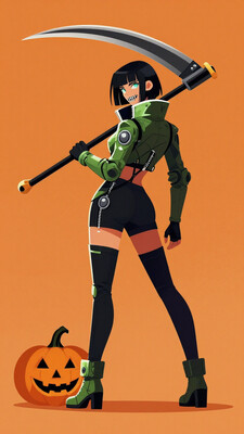 masterpiece, best quality, amazing quality, 1girl, solo, looking at viewer, simple background, long sleeves, gloves, thighhighs, holding, jacket, full body, weapon, boots, teeth, black gloves, black thighhighs, holding weapon, from side, glowing, glowing eyes, science fiction, zipper, halloween, green jacket, orange background, jack-o'-lantern, ankle boots, scythe, pumpkin, over shoulder, green footwear, green gloves, weapon over shoulder, holding scythe, haiz_ai, in the style of cknc, Flatline, Flat vector illustration
