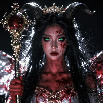 (by j.k.:1.1), by kukka, by keihh, cinematic, photorealistic, straight-on, straight hair, long hair, 1girl, holding scepter, princess, crown, expressionless, half-closed eyes, thick eyelashes, long eyelashes, (head tilt:1.2), closed mouth, red skin, goat horns, slit pupils, green eyes, backlighting, (averting eyes:1.2), black hair, golden horn ornament, violent theme, blood splatter, blood on face, blood on clothes, white dress, indoors, black theme, dark theme, glowing theme, masterpiece, best quality, amazing quality, very aesthetic, nhl-004, nhl-001