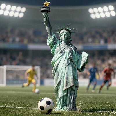 This image is a hyper-realistic CGI rendering of the Statue of Liberty playing soccer. The statue, with her iconic crown and detailed robes, is captured mid-action with incredible precision. Lady Liberty is depicted in the heat of the moment, kicking a soccer ball with focused intensity. Her robes are dynamically flowing, reflecting the motion of the game. Her torch is set aside on the sidelines, adding a unique glow to the scene. The background features a vibrant soccer field with green grass, goalposts, and cheering fans in the stands. The stadium lights cast a dramatic illumination on the field, capturing the energy and excitement of the game. The overall atmosphere combines the grandeur of the statue with the spirited enthusiasm of a soccer match. The artist skillfully blends these elements to create a scene that is both exhilarating and thought-provoking., Statue of Liberty, ï¼