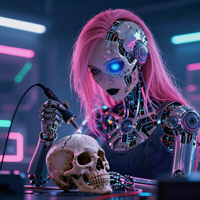 A digital artwork in the style of cknc, A half-body shot of a beautiful cyborg girl in her futuristic workshop. She has neon pink hair cascading down her shoulders, contrasting sharply with her black lipstick. The top of her face, from under the nose to the forehead, is removed like a mask, revealing a detailed mechanical skull underneath. With intense focus, she uses a glowing soldering iron to carefully repair the cracks on a detached skull, which rests in her other hand. Her exposed robotic eye glows a brilliant blue, illuminating the intricate cybernetic components beneath the skull. The workshop is cluttered with futuristic tools, wires, and neon-lit gadgets, all bathed in vibrant cyberpunk hue, electric pinks, deep blues, and fluorescent greens. The neon light reflects off her sleek metallic parts, casting dynamic shadows, while the scene radiates a blend of gritty industrial and high-tech futurism. The art style is highly detailed, in the vein of futurist anime, capturing the beauty of the cyborg girl and the mechanical complexity of her exposed skull.
