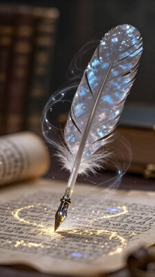 A hyper-realistic close-up of an enchanted quill, its feather shimmering with a soft, pearlescent glow in shades of blue and silver. The quillâs tip is made of fine crystal, sparkling as it hovers just above a parchment covered in glowing, golden runes. The background is a blurred, dimly lit study filled with ancient books and scrolls, creating a warm, scholarly atmosphere. Semi-transparent wisps of magical energy coil around the quill, enhancing its ethereal quality. Realistic shading and highlights emphasize the softness of the feather, with subtle variations in color that catch the light. The crystal tip of the quill refracts light, creating a delicate prism effect on the parchment. One glowing rune pulses faintly as the quill hovers, poised to continue writing its mystical script.