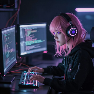 1girl, cyber hacker, sitting in a dark neon-lit room, CRT monitors, tangled cables, glowing holographic keyboard, scrolling code, focused expression, moody lighting masterpiece, best quality, amazing quality, very aesthetic, absurdres, detailed eyes, newest, , CivChan, purple eyes, pink hair, pinkneoncybercore
