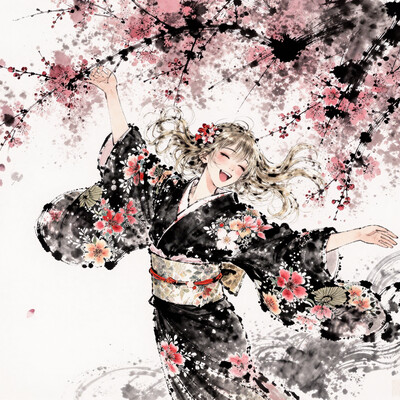 1girl, solo, masterpiece, newest, absurdres, best quality, amazing quality, very aesthetic, ultra-detailed, highly detailed, delicate, dreamy, vibrant colors, high angle side view, looking at viewer, kaela20, blonde hair, long hair, two side up, closed eyes, smile, ^_^, open mouth, kimono, japanese clothes, black kimono, wide sleeves, hair flower, bare shoulders, floral kimono, white obi, detached sleeves, dance, spread arms, plum blossom, surrounded by flowers, dynamic angle, cherry blossom petals flowing by wind, flowing hair, cherry blossom petals, (lovelypearstyle, ink-style, ink_wash_painting, ink wash painting theme, ink wash painting concept:1.5), kanji