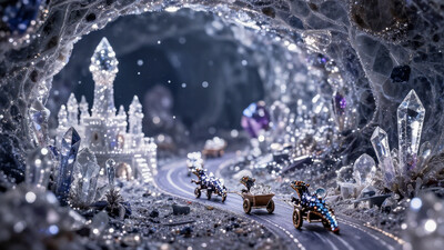 an elaborate fantasy landscape inside a geode full of crystalz. Tiny crystal castles are nestled here and there along a road among the crystalz. Tiny carts heading away from the viewer are pulled by gem-encrusted lizards along the road. The carts are full of glittering white gems.