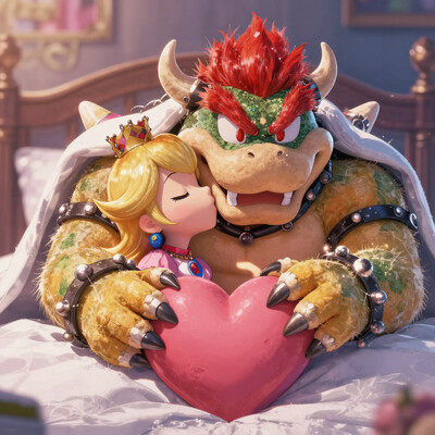 kftlove, absurdres, highly-detailed, best quality, masterpiece, realism, very aesthetic, 1boy, Bowser (Super Mario), 1girl, Princess Peach (Super Mario), kissing, bed, hugging, under covers, heart