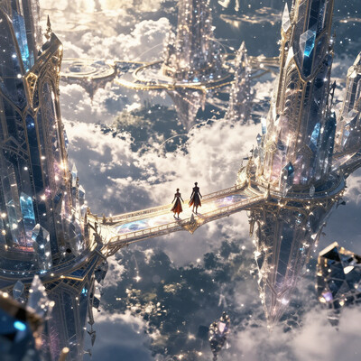 a wide aerial view of a floating elven city in the sky, with two elven figures walking side by side across a glowing skybridge, the bridge arching between tall crystal towers, surrounded by clouds and golden light, majestic and serene atmosphere, vivid style, magical fantasy architecture., , aidmaMJ6.1, , klordoftherings