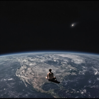 (in the moon:1.2), space, galaxy, 1man, solo, sitting on his pc, wearing a boxer, cctvfootage, aerial view, footage from a security camera, alone, sunlight, dark space, a close planet earth on background, stars, (meteor in the background:1.2), , cctvfootage, low quality, footage