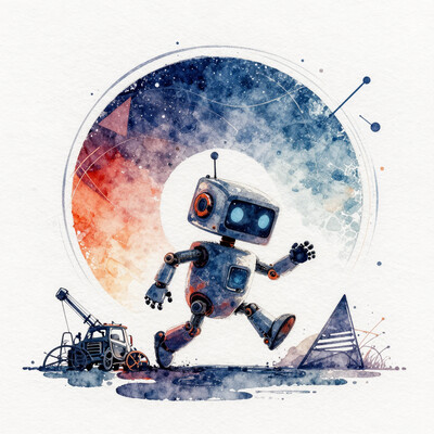 Watercolor painting, (artwhtfsketch:1.4), movie poster, centered composition, digital illustration, a tiny and cute robot in motion, (minimalist, fashion illustration, elegant, vibrant colors, fluid lines:1.4), abstract geometric gradients, geometric shapes, circle, triangle, (junkyard location), Vibrant, beautiful, painterly, detailed, textural, artistic