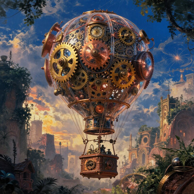 CosmicStyle (Hot air balloon, steampunk design, floating above, Victorian city, gears, steam, brass, copper, clockworks, ruins, lost civilization, ancient architecture, overgrown, jungle, greenery, atmosphere, dramatic, evening, warm, golden light, sunset, clouds, blue sky, detailed, vibrant, dynamic, intricate, immersive, captivating, painting, realistic, oil painting, epic, grand, adventure, exploration, mystery, alluring, enchanting, captivating, evocative, inspiring, breathtaking:0.5), see-through, transparent