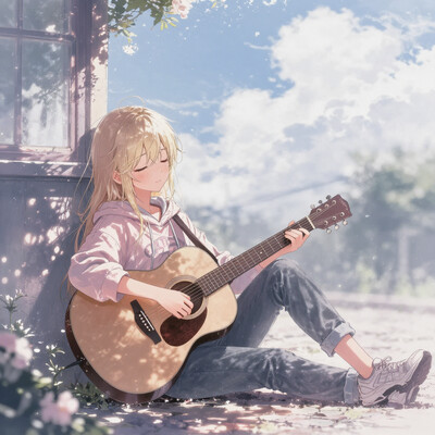 1girl, solo, lazypos, anime-style, delicate, dreamy, from side, side view, looking down, cinematic lighting, cinematic, volumetric lighting, natural shadows, [cloud:7], [blue sky:7], soft and gentle colors, soft pastel colors, soft shading, detailed textures, kaela20, blonde hair, closed eyes, long hair, smile, hoodie, pastel pink graphic hoodie, untucked hoodie, layered sleeves, short sleeves, short over long sleeves, collarbone, jeans, pants rolled up, chunky_sneakers, outdoors, building, flower, water, cobblestone road, guitar, acoustic guitar, holding guitar, playing guitar, usnr