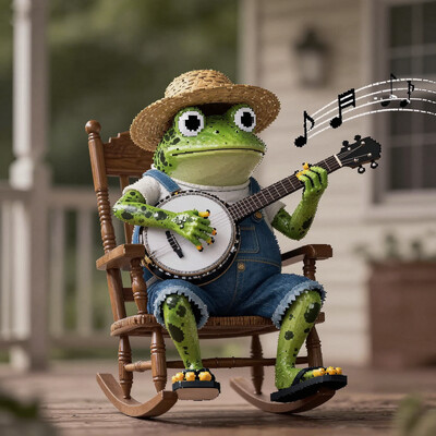masterpiece, best quality, absurdres, highres, high quality, highly detailed, 1boy, solo, grungrace, anthro frog, spots, green skin, no humans, smile, fat man, straw hat, overalls, denim, white shirt, wristwatch, stalk in mouth, flip-flops, sitting, rocking chair, banjo, playing instrument, musical note, motion lines, outdoors, depth of field, cinematic, cabin, porch, no lineart, pixelsketcher