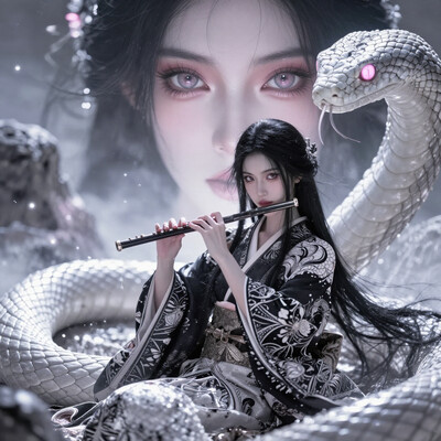 An1meL1nes, Face close up, gorgeous perfect eyes, highly detailed eyes, glossy lips. digital fantasy artwork featuring a woman with long black hair and pale skin, sitting amidst a large, white serpent with glowing pink eyes. The woman is wearing a black and white kimono with intricate patterns, and she holds a flute to her lips. The background is a mystical landscape with rocky formations and a soft, ethereal light. The composition is dynamic, with the serpent coiling around the woman, creating a sense of movement and tension. The overall color palette is cool, with shades of white, black, and hints of pink, enhancing the otherworldly atmosphere. (maximum ultra high definition image quality and rendering:3), maximum image detail, maximum realistic render, (((ultra realist style))), realist side lighting, , 8K high definition, realist soft lighting, (amazing special effect:3.5).
