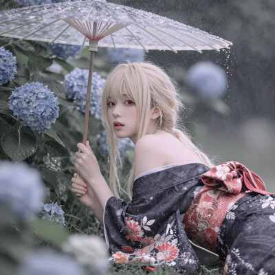 1girl, solo, lazypos, anime-style, delicate, dreamy, side view, looking at viewer, cinematic lighting, cinematic, volumetric lighting, natural shadows, soft and gentle colors, soft pastel colors, soft shading, detailed textures, kaela20, blonde hair, red eyes, long hair, open mouth, sleeveless kimono, black kimono, detached sleeves, black sleeves, floral print kimono, red sash, outdoors, rain, flower, hydrangea, oil-paper umbrella, holding umbrella, usnr