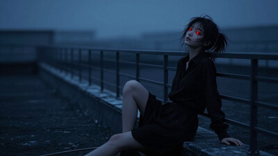 (by j.k.:1.1), by kukka, by keihh, (cinematic:1.3), blue filter, photorealistic, letterboxed, 1girl, roof, depth of field, horizon, perspective, from above, against railing, sitting, head tilt, leaning back, outstretched hand, outstretched leg, looking at viewer, expressionless, messy hair, red eyes, glowing eyes, sky, high side ponytail, medium breasts, dark theme, black theme, masterpiece, best quality, amazing quality, very aesthetic, nhl-004, nhl-001