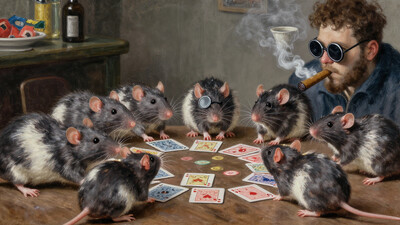 a group of rats in the nursing home gather around a table for a game of cards, with one rat wearing a monocle and another puffing on a cigar. The rendering style is reminiscent of a classic oil painting.