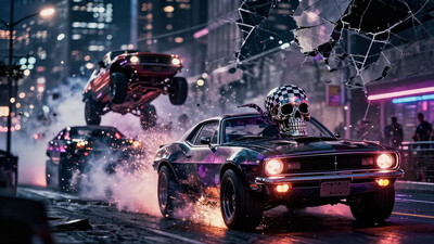 A chaotic cityscape bathed in the neon glow of streetlights is torn apart by a wild street race, cars launching off ramps and skidding through intersections at breakneck speed. In the foreground, a tricked-out muscle car with oversized rear tires and flaming exhaust burns rubber, leaving a trail of smoke and sparks. The city skyline behind is shattered, as if the force of the speed has cracked reality itself. A metal skull with a checkered bandana grins wickedly from the hood of the lead car, its empty sockets reflecting the chaos.