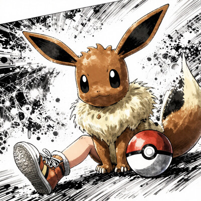 masterpiece, best quality, good quality, very aesthetic, absurdres, newest, 8K, depth of field, focused subject, dynamic angle, manga, anime, inksketch, dynamic angle, dutch angle, wabi sabi, 1girl trainer, holding a pokeball, Eevee pokemon (creature) sitting on her lap, looking at viewer, relaxing, motion lines, bronze palette