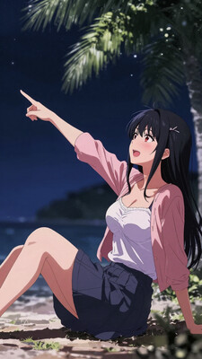 masterpiece, best quality, amazing quality, newest, absurdres, highres, newest, very awa, anime, (dutch angle), full body, from side, side view, 1girl, solo, beautiful face, perfect eyes, detailed eyes, mature female, black hair, (blunt bangs), long hair, straight hair, red eyes, light smile, looking at another, blush, open mouth, large breasts, collarbone, bra peek, bra strap, pleated skirt, sandals, (white camisole), open pink cardigan, hair ribbon, sitting, knee up, , pointing forward, outstretched arm, arm up, leaning back, (dark, night, night sky), outdoors, (coconut tree:0.7), (beach), star \(sky\), , indicate details, , clean background, (vignetting), (shadow), drop shadow, blurry foreground, , (warm color:0.6)