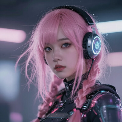 masterpiece, best quality, good quality, very aesthetic, absurdres, newest, 8K, depth of field, focused subject, a cyberpunk girl with pink hair, in the style of cknc