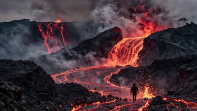 In the heart of a volcanic landscape, our fearless explorer finds themselves amidst a scene of impending chaos. Molten lava cascades down the mountainside, casting an ominous red glow across the rocky terrain. With smoke and ash billowing into the sky, the adventurer races against time, navigating treacherous paths strewn with debris as fiery explosions erupt around them, painting the scene with bursts of intense heat and light. many details, extreme detailed, full of details, Wide range of colors. Many details everywhere. soft shadows. Low saturation colors. Insane quality. Insane resolution. Insane details. Masterpiece. 32k resolution. Dramatic, Dynamic, Cinematic, Sharp details
