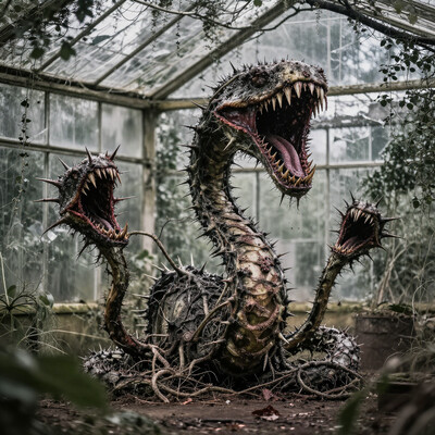 sp4c34n1m3 A monstrous, oversized plant with sharp, tooth-like thorns and vines that writhe like snakes, sits in a corner of a greenhouse. The plantâs flowers have mouths lined with razor-sharp teeth, and they snap at the air, hungry for flesh. The greenhouse is overgrown, with broken glass and decaying vegetation, and the air is thick with the stench of rot