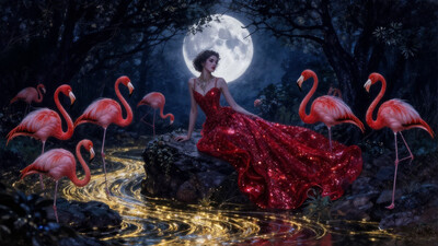 oil painting style, Fantasy scene of a woman in a glittering red gown flowing like a river over dark rocks. She sits under a glowing full moon framed by twisted trees. Surrounded by six vivid flamingos, near a golden-lit stream in a surreal, twilight landscape.