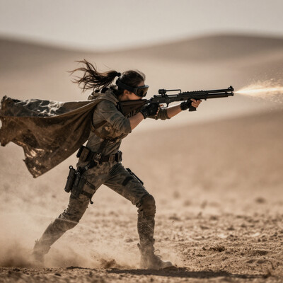 masterpiece, best quality, high quality, newest, highres, 8K, HDR, absurdres, 1girl, solo, action shot, aiming, holding gun, goggles, cloak, motion-blur, desert, sand dust, trajectory, maneuver, oil film, film grain, scenery, volumetric lighting, D4rkL1nes