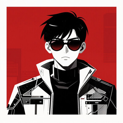 Minimalist vector illustration, male character with red sunglasses, futuristic jacket with sharp angular designs, bold red background, intense expression, modern urban style, clean lines, high contrast between black, white, and red, sleek futuristic aesthetics.