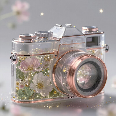 fanciful, translucent vintage camera with metallic copper and silver details, filled with an array of soft pastel flowers including hues of pink and white and green inside it, floating golden sparkles, magical touch to the composition