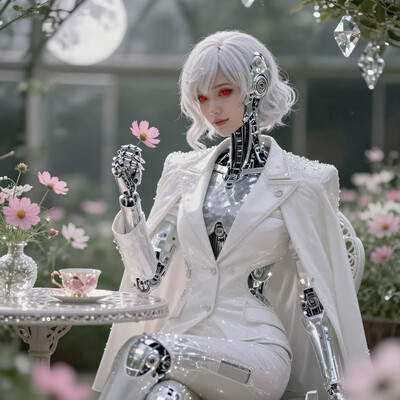 Masterpiece, Best Quality, Best Score, Best Anatomy, ultra deitailed, white suit, sci-fi, futuristic, red eyes, 1girl, (c, android), white hair, medium hair, hair between eyes, wavy hair, Miasma, biomech, cosmos, pink flowers, holding flower, garden, greenhouse, soft smile, solo, Cinematic Lighting, refraction, moonlight, Elegant Crystal Lighting, formal suit, tailcoat, open coat, indoors, full scene, sit at table in garden, tea cup on table, coat thrown on, , , , , usnr