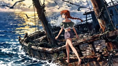 High-resolution semi-realistic anime illustration, crisp black outlines, expressive shading, rich natural lighting. A young woman balances on the slanted railing of a half-sunken wooden shipwreck, her bare feet gripping the damp, weathered planks as gentle waves lap against the hull. Her long, auburn hair is styled into loose, messy twin braids, a few strands sticking to her sun-kissed skin from the ocean breeze. She wears a cropped, off-shoulder top with delicate lace trim, paired with high-waisted linen shorts, the fabric slightly damp from the misty air. Her sharp, amber eyes glimmer with curiosity and quiet nostalgia as she gazes toward the open sea, the golden hues of the setting sun reflecting off the rippling water. Around her, rusted metal beams and broken wooden masts protrude from the wreck, tangled with seaweed and barnacles. Distant seabirds cry overhead, silhouetted against the warm glow of the sky, while the vast ocean stretches endlessly toward the horizon. Painterly deep blues, sunlit golds, and muted teals create a serene, melancholic yet adventurous atmosphere.