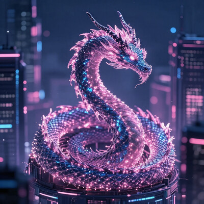 epirezumiworld, science fiction cyberpunk epirezumiworld serpentine dragon with neon pink glows on it's fur and and blue inner glow, coiled around a epirezumiworld sky scraper in a city with neon lights