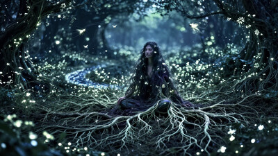 masterpiece, high-quality, A mystical woman sits cross-legged in a field of bioluminescent flowers, her long hair cascading into the earth and transforming into sprawling roots that twist and wind to form glowing forests and rivers. The camera frames her in a low, wide-angle view, capturing the surreal transformation of her hair into intricate landscapes that stretch into the hazy, dreamlike horizon. Tiny glowing insects flutter around her, their faint trails adding motion to the tranquil, hyperdetailed setting. Her serene gaze and the organic flow of the scene evoke a sense of vastness and interconnected beauty.
