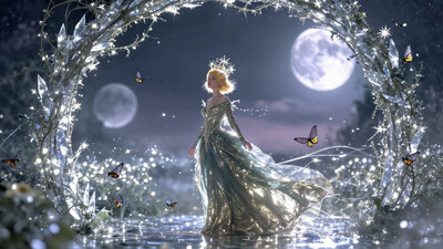 masterpiece, high-quality, A mystical elven queen stands beneath a luminous archway of crystalline vines, captured from a tilted side view that highlights the dynamic interplay of light and shadow across her shimmering emerald and gold gown. Her short, golden hair is crowned with radiant ornaments resembling falling stars, and her serene expression radiates quiet power. Around her, glowing moths drift lazily through the misty air, their wings leaving faint trails of light that ripple through the hyperdetailed reflections on the crystalline ground. Behind her, an endless meadow of bioluminescent flowers stretches toward a surreal twilight horizon where two massive, glowing moons hover in perfect stillness.